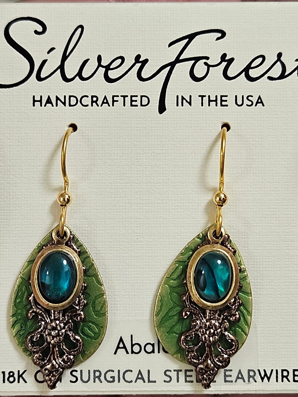 SILVER FOREST GREEN ABALONE LAYERED 18K SURGICAL STEEL GOLD TONE EARRINGS